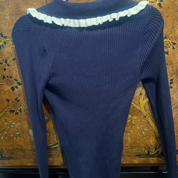 LOFT Navy Button Down Shirt with Cream Details and cute buttons - Picture 3 of 6